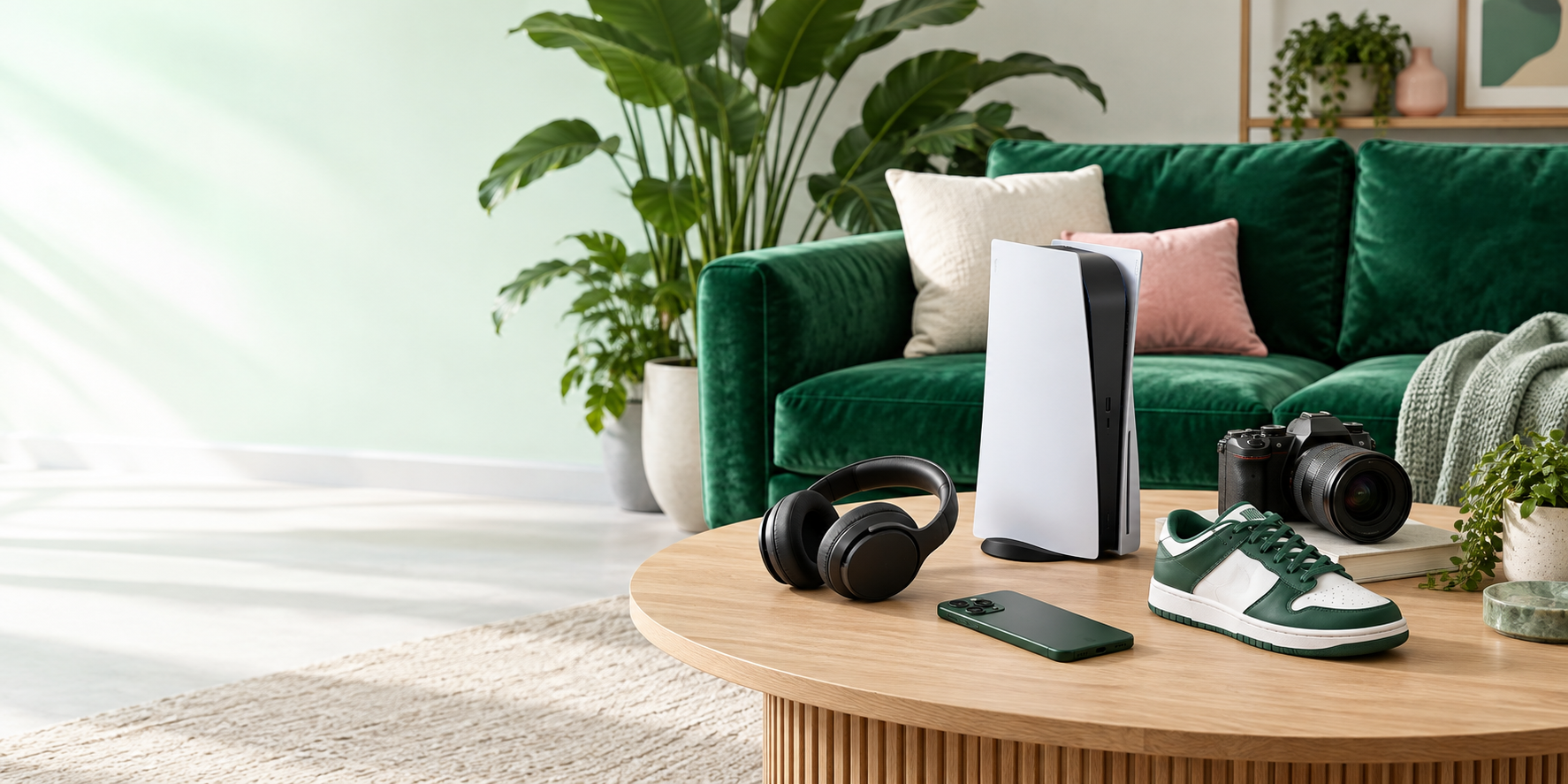 Green sofa and a table of electronics available on CutPrice