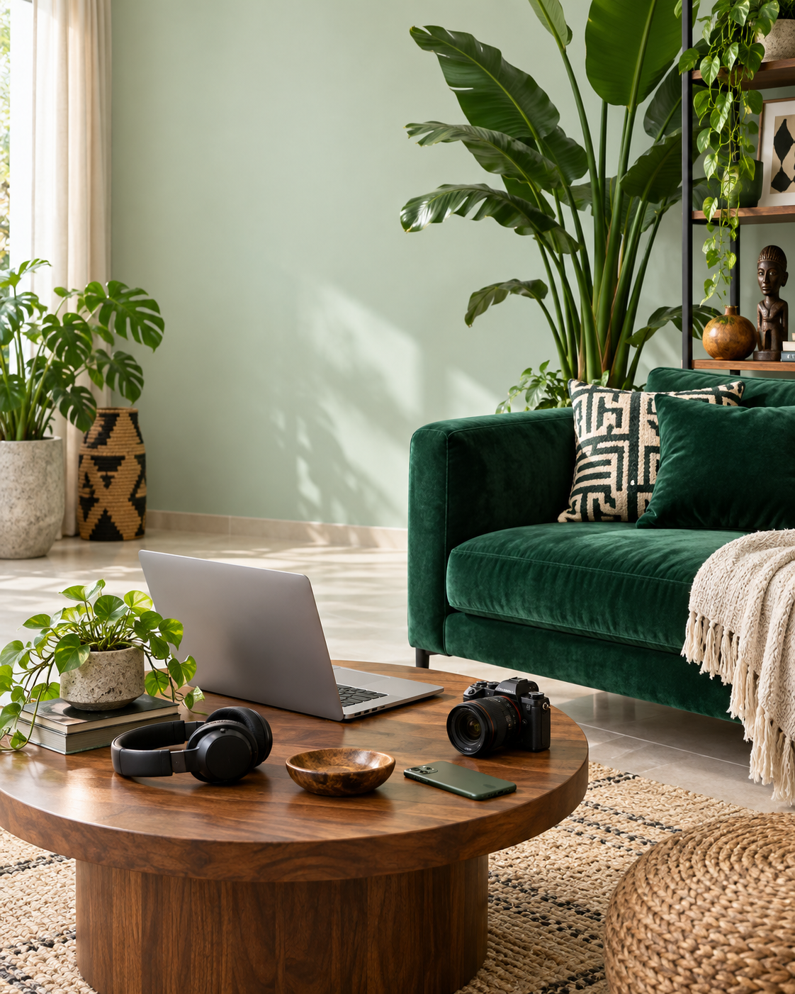 A green living room with quality products on a table